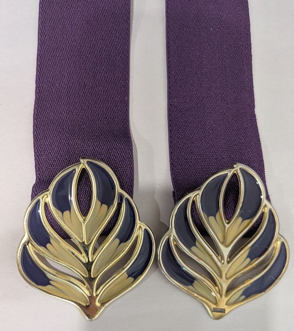 Vintage 80s Purple Elastic Cinch Belt Gold Enamel Leaf Buckle Made in Korea Retr